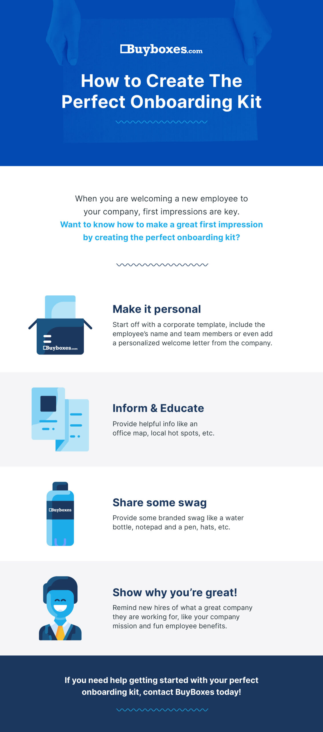 text saying to create the perfect onboarding kit by making it personal, informative and by including swag items