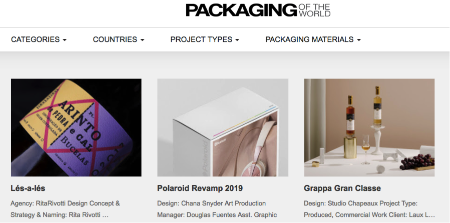 "packaging of the world" dashboard showcasing different designs and agencies