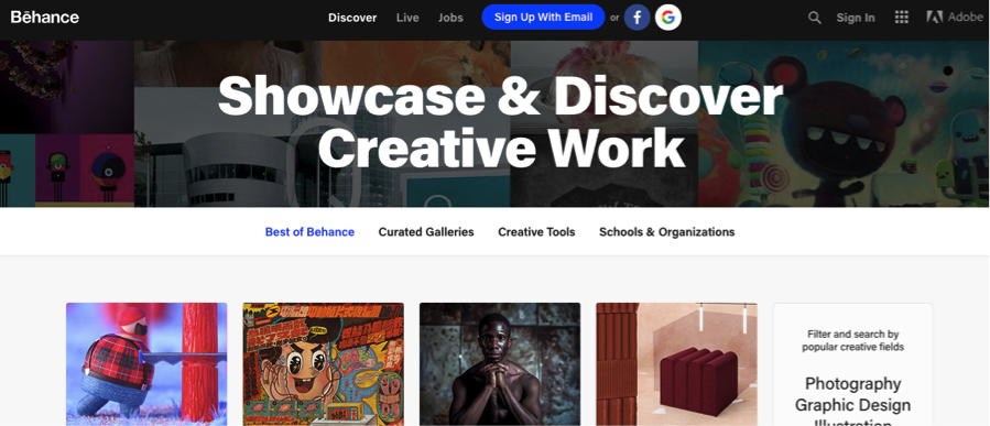 Behance dashboard with heading stating "showcase and discover creative work"
