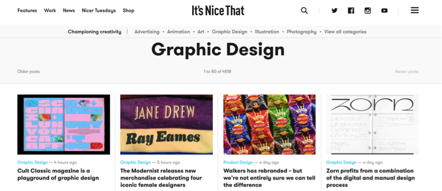 "it's nice that" dashboard with recent graphic design news featured