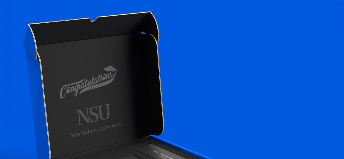 a blue and black NSU mailer box with a caption saying "a proper send off for 2020 graduates"