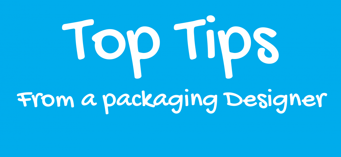white text saying "top tips from a packaging designer" with a blue background