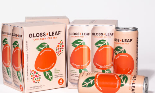 pink Gloss Leaf iced tea product boxes with a mango on the front and two drinks beside them