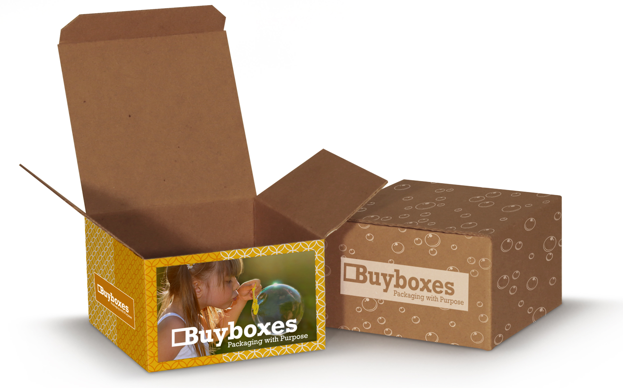 Yellow and brown gift box with image of child blowing a bubble