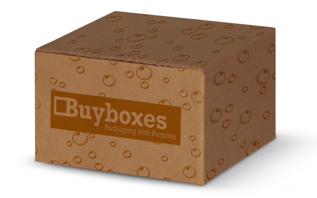 Brown gift box with orange ink and images of bubbles