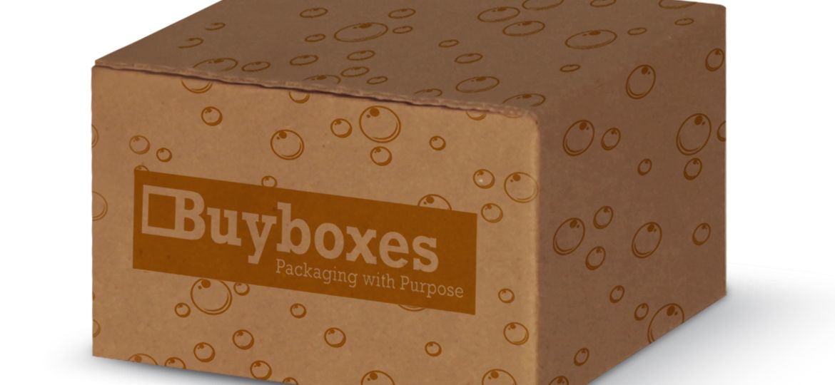Brown gift box with orange ink and images of bubbles