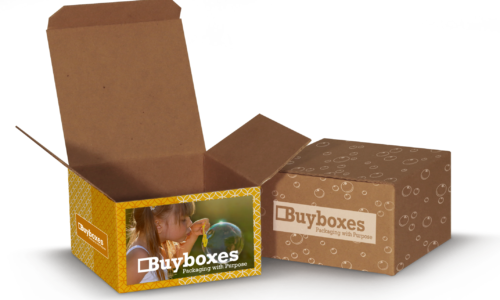 Yellow and brown gift box with image of child blowing a bubble