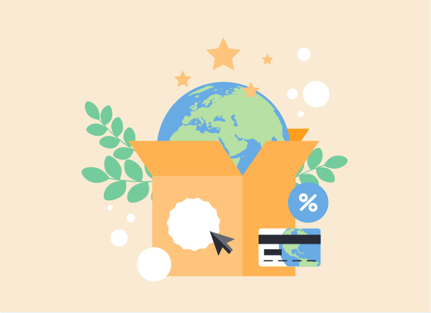 Box with earth, credit card, percent symbol and mouse click