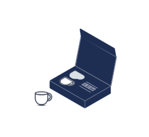 dark blue box with cutout of a coffee cup inside and a coffee cup next to it