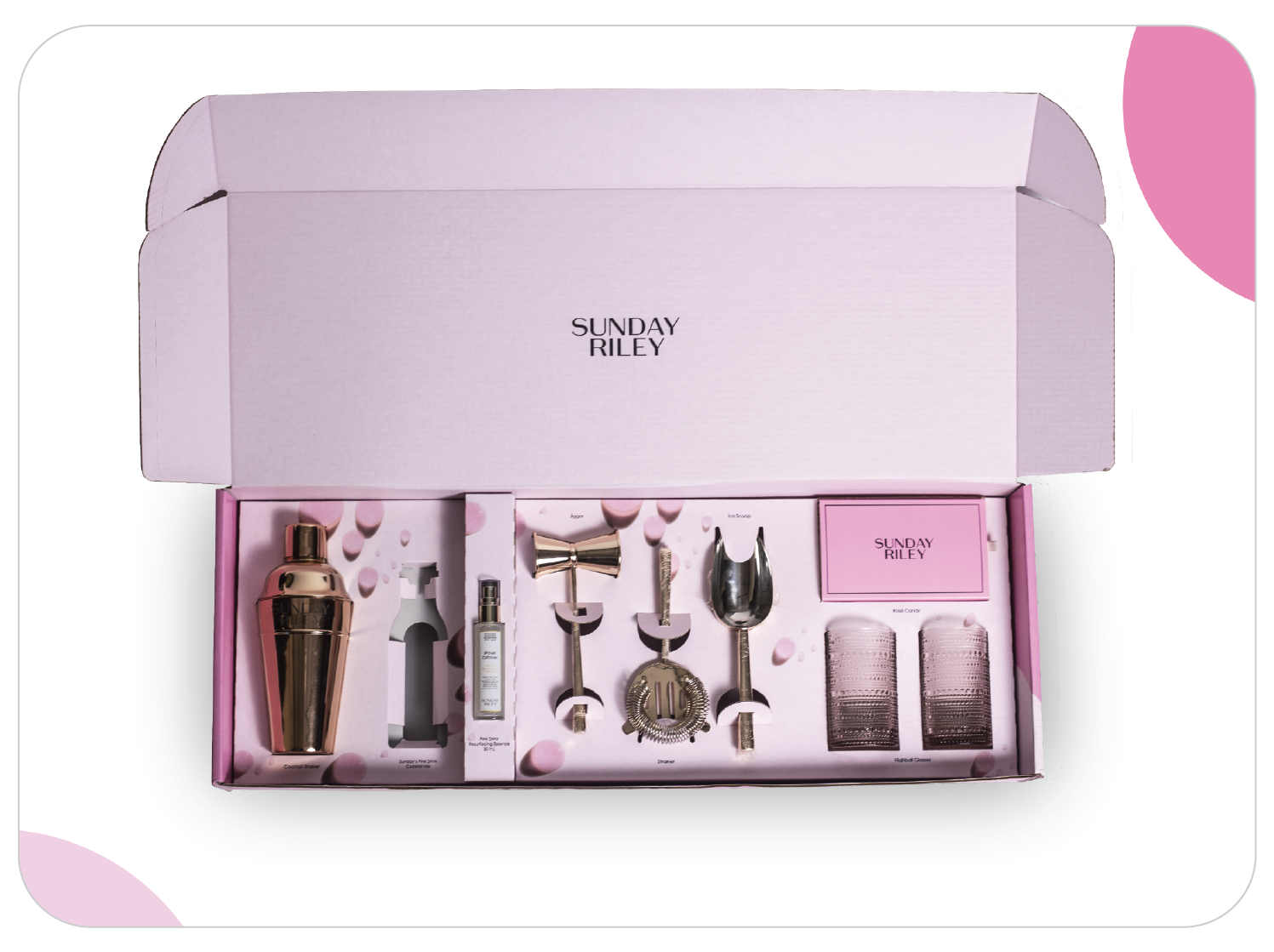 pink Sunday Riley box with drink mixing tools