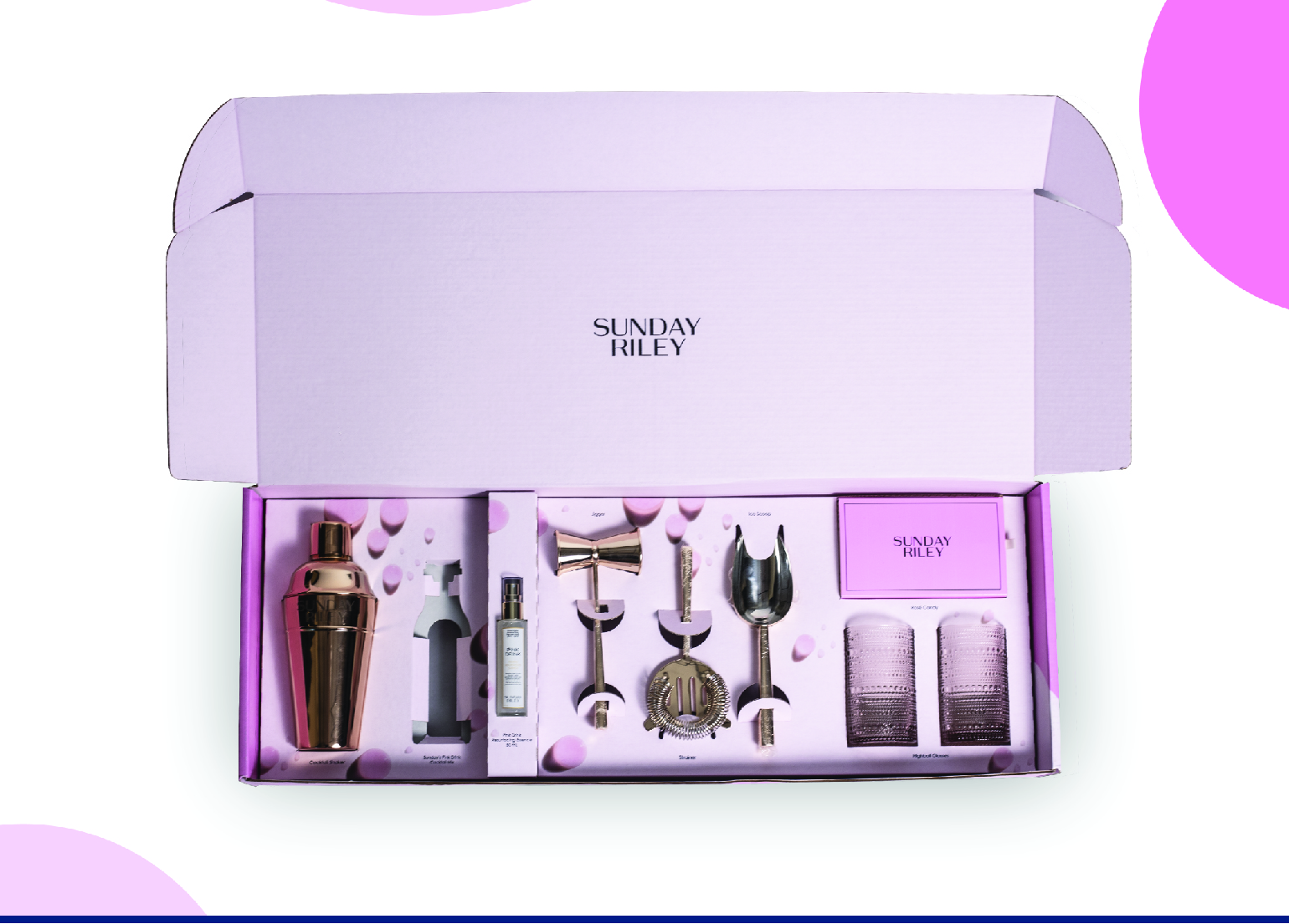 pink Sunday Riley mailer box with drink mixing tools